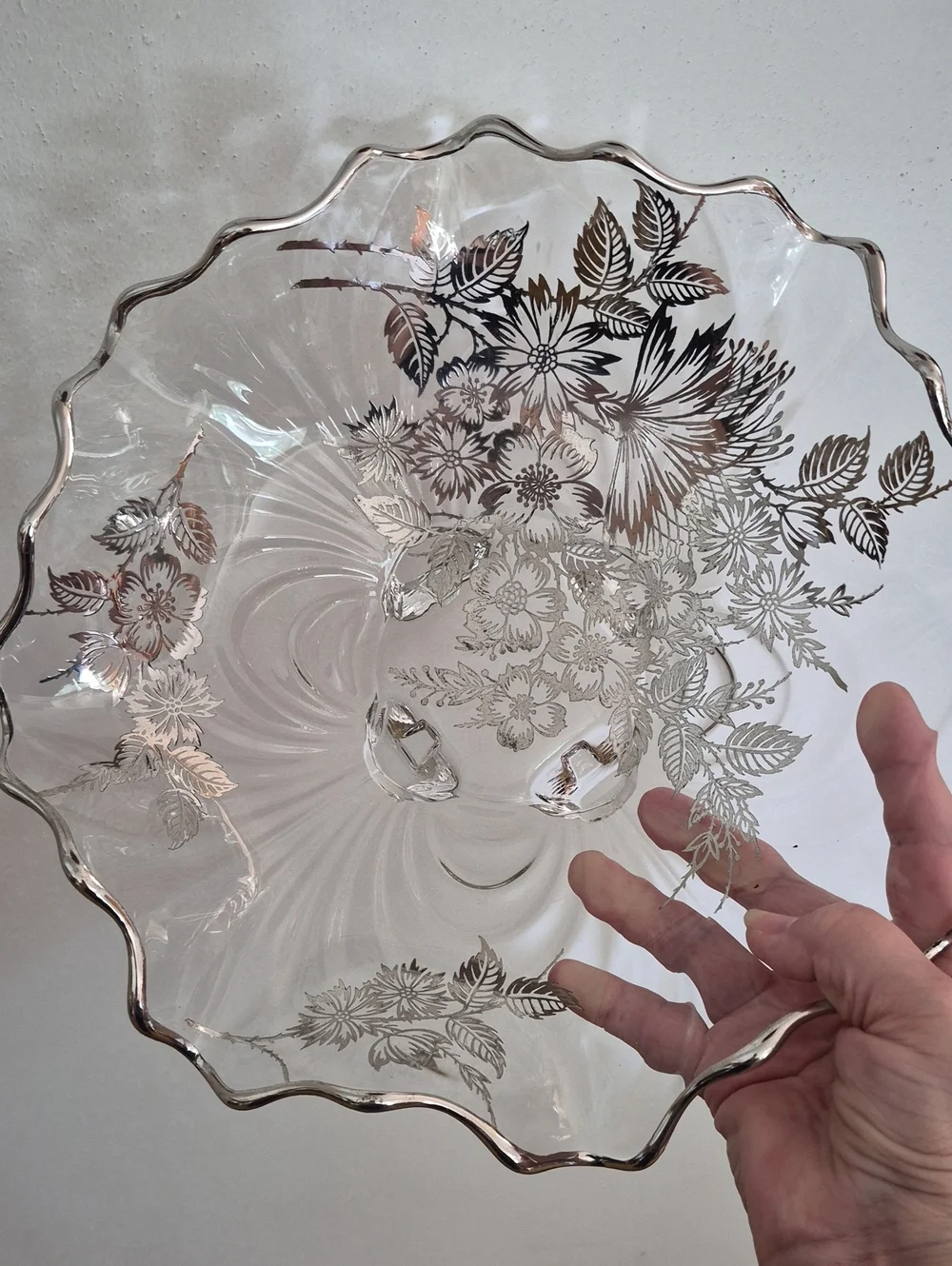 Vintage Footed Ruffled Silver Overlay Crystal Bowl Silver City Glass Flanders